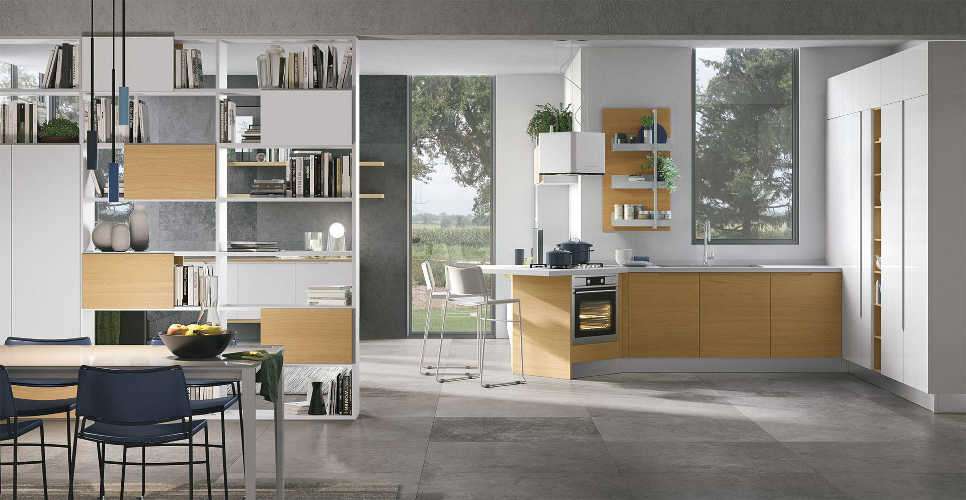 Intraparete-Living-Lube-Libreria-Bifacciale-Cucine-Lube